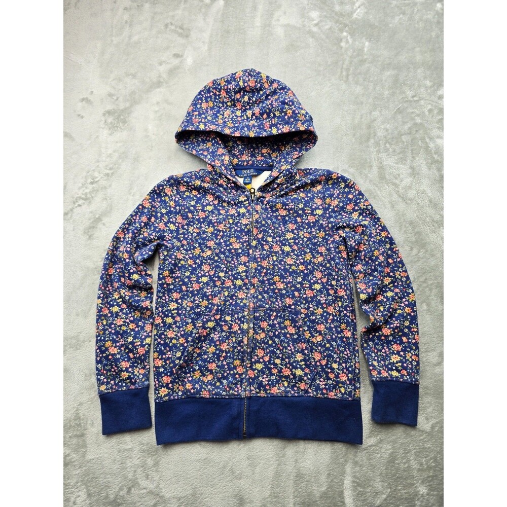Polo Ralph Lauren Girls Floral Full Zip Hoodie Size M (8-10) Blue Fleece Jacket